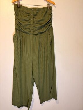 Lily Morgan Olive Green Strapless Wide Leg Jumpsuit XL Ruched Ribbed